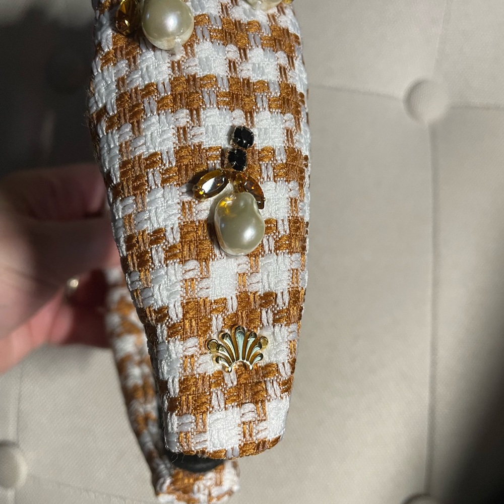 Lele Sadoughi Brown and White Pearl Embellished Headband